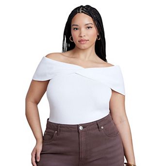 ELOQUII Women's Plus Size Twisted Off The Shoulder Sweater