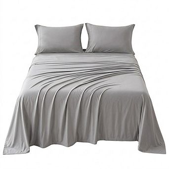Queen Jersey Knit Sheet Set, 4 pc Soft Wrinkle-Free Bedding, Gray with Deep Pocket Fitted Sheet