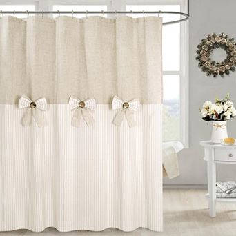 Farmhouse Country Style Ticking Stripe Shower Curtain With Bowknot And Wooden Buttons