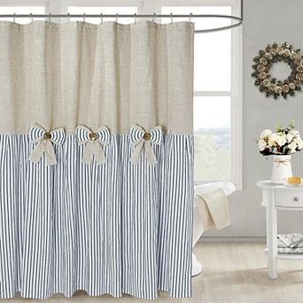 Farmhouse Country Style Ticking Stripe Shower Curtain With Bowknot And Wooden Buttons