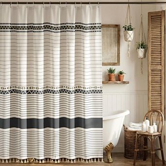 Boho Farmhouse Shower Curtain Faux Linen Fabric Tassel Accent With Clear Hooks