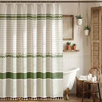 Boho Farmhouse Shower Curtain Faux Linen Fabric Tassel Accent With Clear Hooks