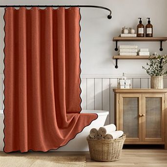Boho Farmhouse Scalloped Linen Textured Shower Curtain Waterproof Washable