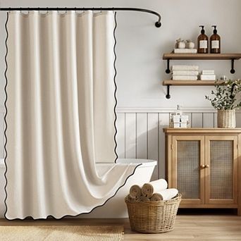 Boho Farmhouse Scalloped Linen Textured Shower Curtain Waterproof Washable