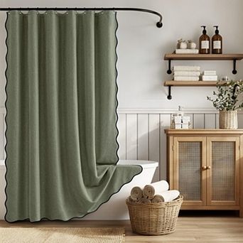 Boho Farmhouse Scalloped Linen Textured Shower Curtain Waterproof Washable