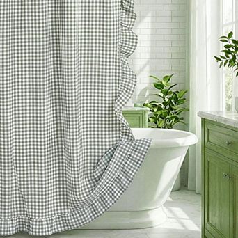 Farmhouse Cotton Shower Curtain Rustic Checkered Plaid Bathroom Decor With Hooks