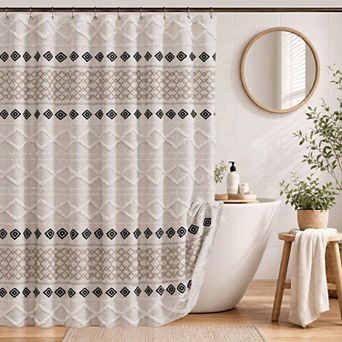 Boho Farmhouse Geometric Tufted Fabric Shower Curtain Bathroom Decor