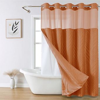 Boho Style No Hook Shower Curtain And Liner Set With See Through Top Window