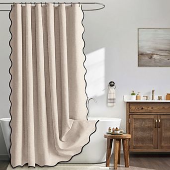 Scalloped Edge Faux Linen Shower Curtain With 12 Metal Hooks Waterproof Washable