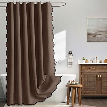 Scalloped Edge Faux Linen Shower Curtain With 12 Metal Hooks Waterproof Washable