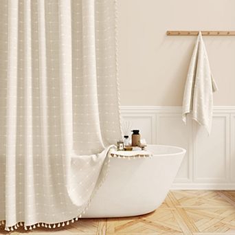 Boho Farmhouse Tassel Linen Blend Shower Curtain Water Repellent Heavy Duty