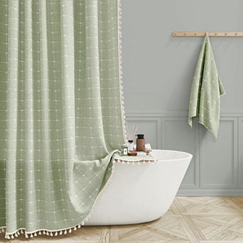 Boho Farmhouse Tassel Linen Blend Shower Curtain Water Repellent Heavy Duty