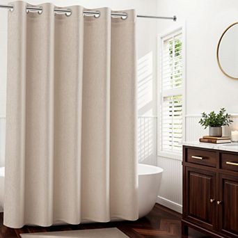 Linen Textured No Hook Shower Curtain With Liner Quick Dry Washable Farmhouse