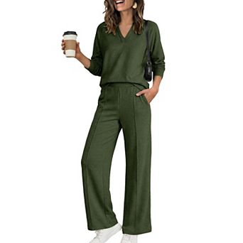 Womens 2 pc V Neck Raglan Top Wide Leg Pants Loungewear Set