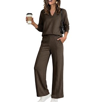 Womens 2 pc V Neck Raglan Top Wide Leg Pants Loungewear Set