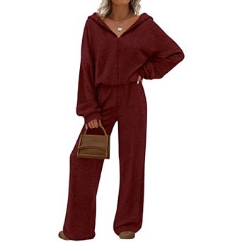 Womens 2 pc Zip Up Hoodie Wide Leg Pants Lounge Set Athleisure Wear