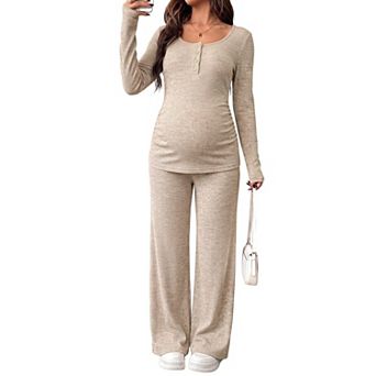 Maternity 2 pc Ribbed Long Sleeve Nursing Loungewear Set Stretch Casual Wear