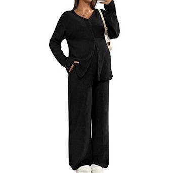 2 pc Maternity Lounge Set Long Sleeve Top Pants Pockets Nursing Friendly