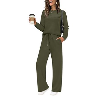 Womens 2 pc Wide Leg Tracksuit Casual Pleated Lounge Travel Outfits