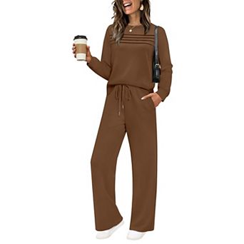 Womens 2 pc Wide Leg Tracksuit Casual Pleated Lounge Travel Outfits