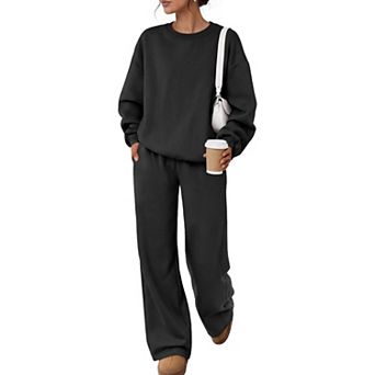 Womens Fleece Lined Lounge Set Drop Shoulder Wide Leg Pockets Travel Outfits