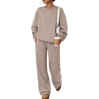 Womens Fleece Lined Lounge Set Drop Shoulder Wide Leg Pockets Travel Outfits