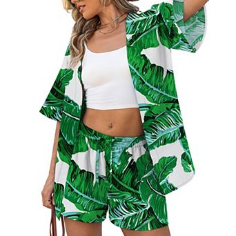 2 pc Tropical Print Kimono Shorts Set Womens Beach Vacation Outfits