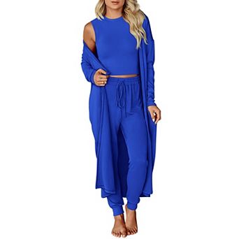 Womens 3 pc Lounge Set Long Cardigan Tank Top Jogger Pants Loungewear Travel Outfit