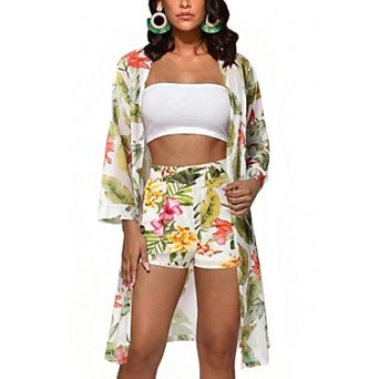 Womens 2 pc Tropical Print Bohemian Kimono Shorts Set Summer Vacation Beach Cover Up