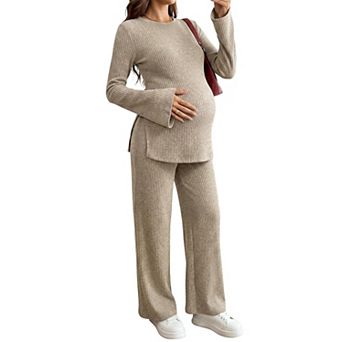 Maternity 2 pc Ribbed Knit Maternity Outfits Stretch Lounge Pajama Set
