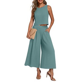 Womens 2 pc Summer Outfits Sleeveless Crop Top Flowy Wide Leg Pants Set