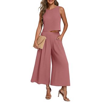 Womens 2 pc Summer Outfits Sleeveless Crop Top Flowy Wide Leg Pants Set