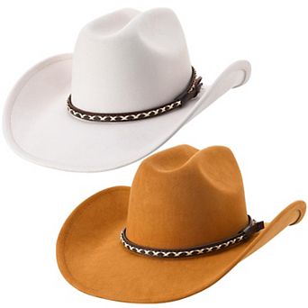 2 Pack Suede Cowboy Hat Western Wide Brim Cowgirl Set Braided Band Party Concert Outdoor