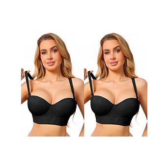 2 Packs Women's Lace Longline Strapless Bra Non-Slip Underwire Push Up Wide Band Convertible Bandeau