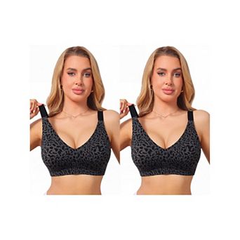 2 Packs Women's Leopard Print Deep V Bra Wireless Seamless Fixed Padding Soft Comfort Bralette