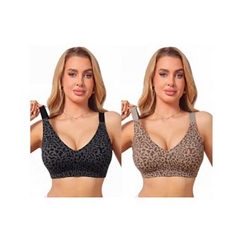 2 Packs Women's Leopard Print Deep V Bra Wireless Seamless Fixed Padding Soft Comfort Bralette