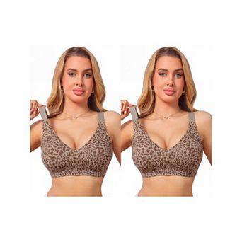 2 Packs Women's Leopard Print Deep V Bra Wireless Seamless Fixed Padding Soft Comfort Bralette