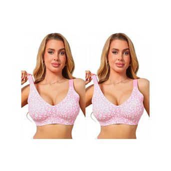 2 Packs Women's Leopard Print Deep V Bra Wireless Seamless Fixed Padding Soft Comfort Bralette