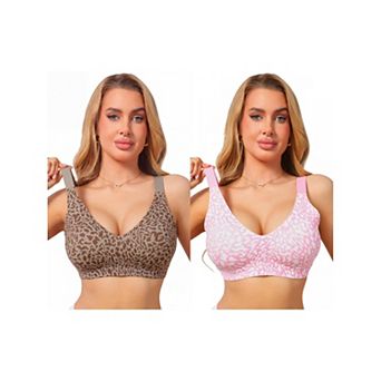 2 Packs Women's Leopard Print Deep V Bra Wireless Seamless Fixed Padding Soft Comfort Bralette