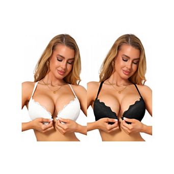 2 Packs Lace Bras for Women Cross Back Push Up Front Close Underwire Bralette