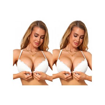 2 Packs Lace Bras for Women Cross Back Push Up Front Close Underwire Bralette