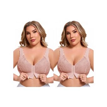 2 Packs Women's Front Closure Lace Bra Deep U Wire-Free Full Coverage Floral Scalloped Bralette