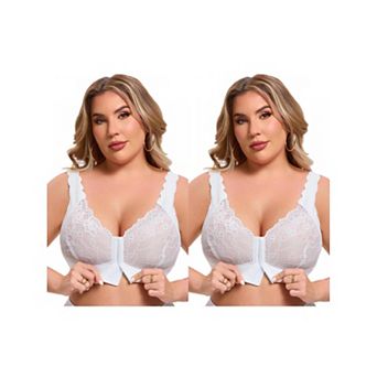 2 Packs Women's Front Closure Lace Bra Deep U Wire-Free Full Coverage Floral Scalloped Bralette