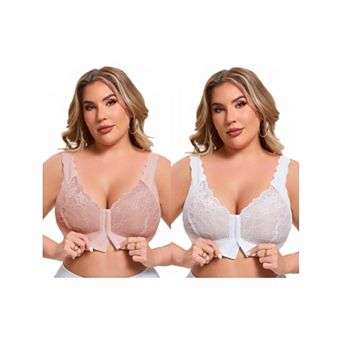 2 Packs Women's Front Closure Lace Bra Deep U Wire-Free Full Coverage Floral Scalloped Bralette