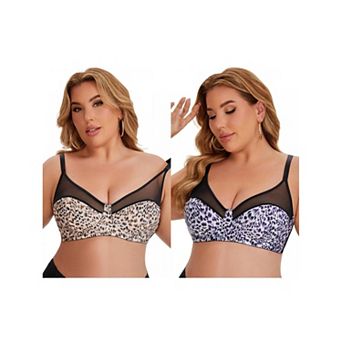 2 Packs Women's Bras Underwired Push Up Mesh See Through Leopard Print Supportive Bralette