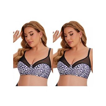2 Packs Women's Bras Underwired Push Up Mesh See Through Leopard Print Supportive Bralette