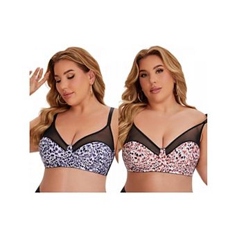 2 Packs Women's Bras Underwired Push Up Mesh See Through Leopard Print Supportive Bralette