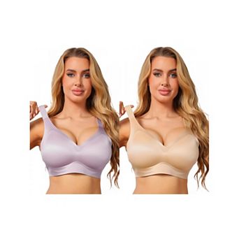 2 Packs Women's V Neck Seamless Wireless Bra Wide Strap Soft Support Full Coverage Minimizer