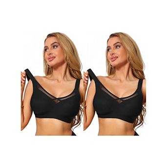 2 Packs Women's V-Neck Mesh Full Coverage Wireless Soft Cup Wide Adjustable Straps Minimizer Bras