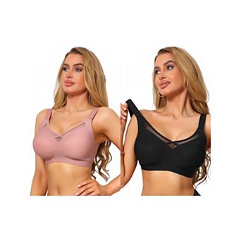 2 Packs Women's V-Neck Mesh Full Coverage Wireless Soft Cup Wide Adjustable Straps Minimizer Bras